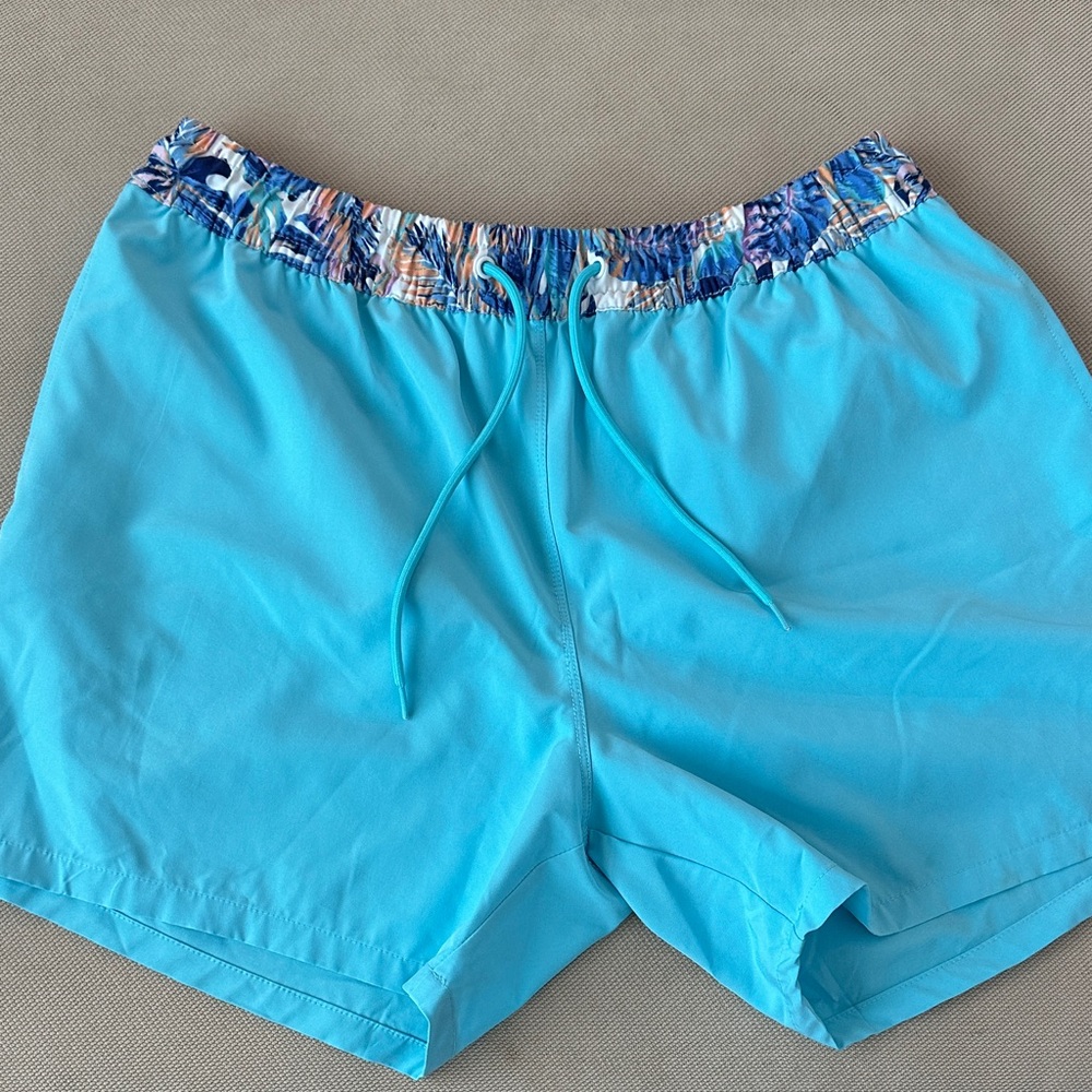 Blue Swim Trunks with Patterned Waistband